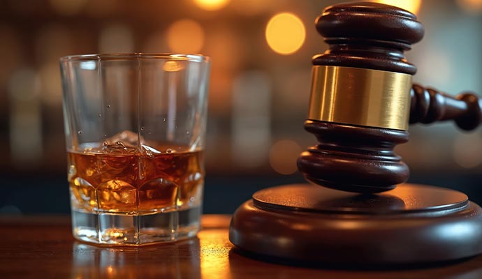 A wooden legal gavel and a glass of drink with ice