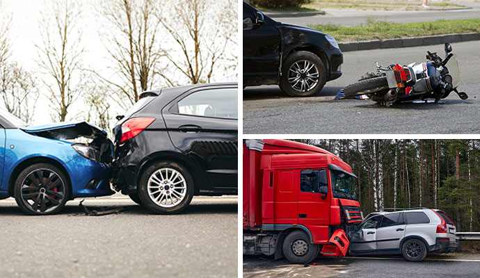 Collage of car, motorcycle and truck accident