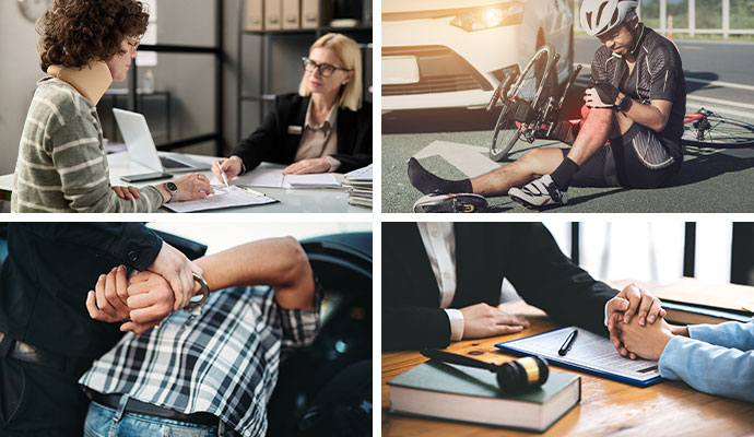 Collage of personal injury, legal consultation and arrest