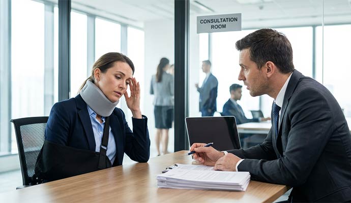 Injured client consulting with a lawyer