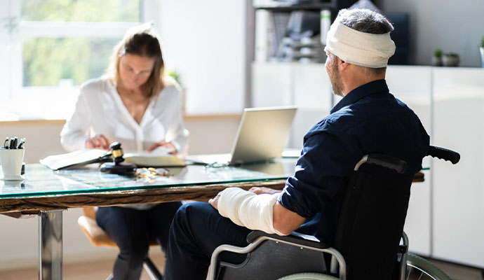 Injured client signing legal documents with lawyer