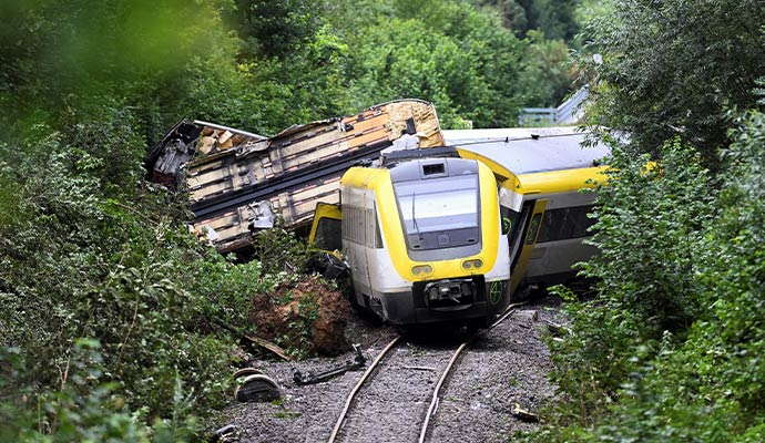 A derailed passenger train
