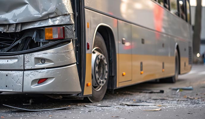 A passenger bus with severe front-end structural damage