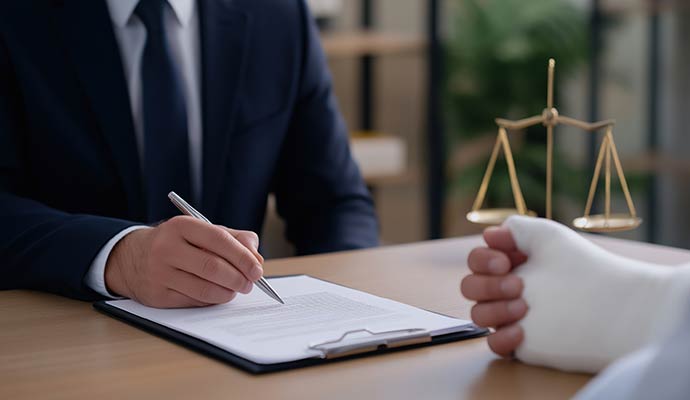 A professional in a dark suit signing a document on a clipboard