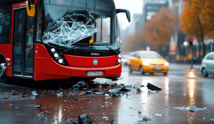A red passenger bus with a shattered windshield