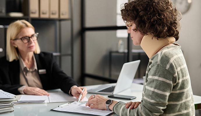 A woman in a cervical neck brace sits at a white desk signing documents