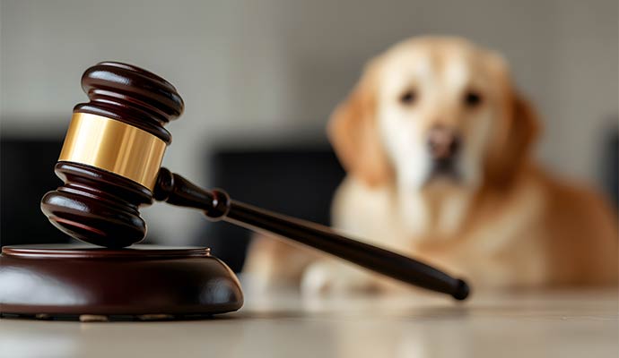 A wooden judge's gavel on a sound block with a dog blurred in the background