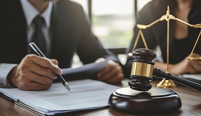 Legal professionals reviewing and signing documents with gavel and scales of justice