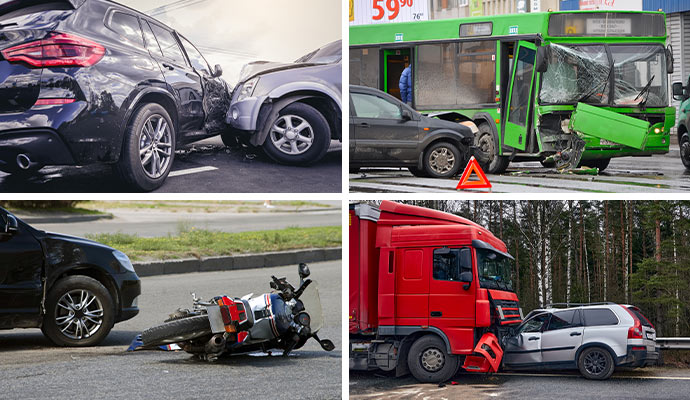 Collage of different vehicle accidents including car collisions, bus crash, motorcycle accident, and truck crash