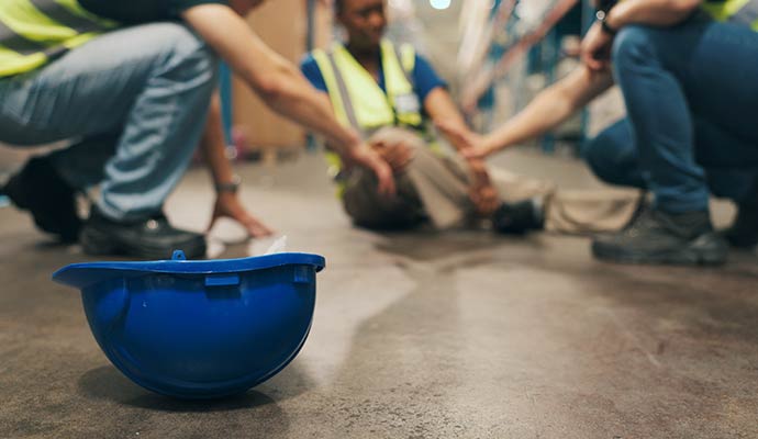 Several workers kneel to help an injured colleague.